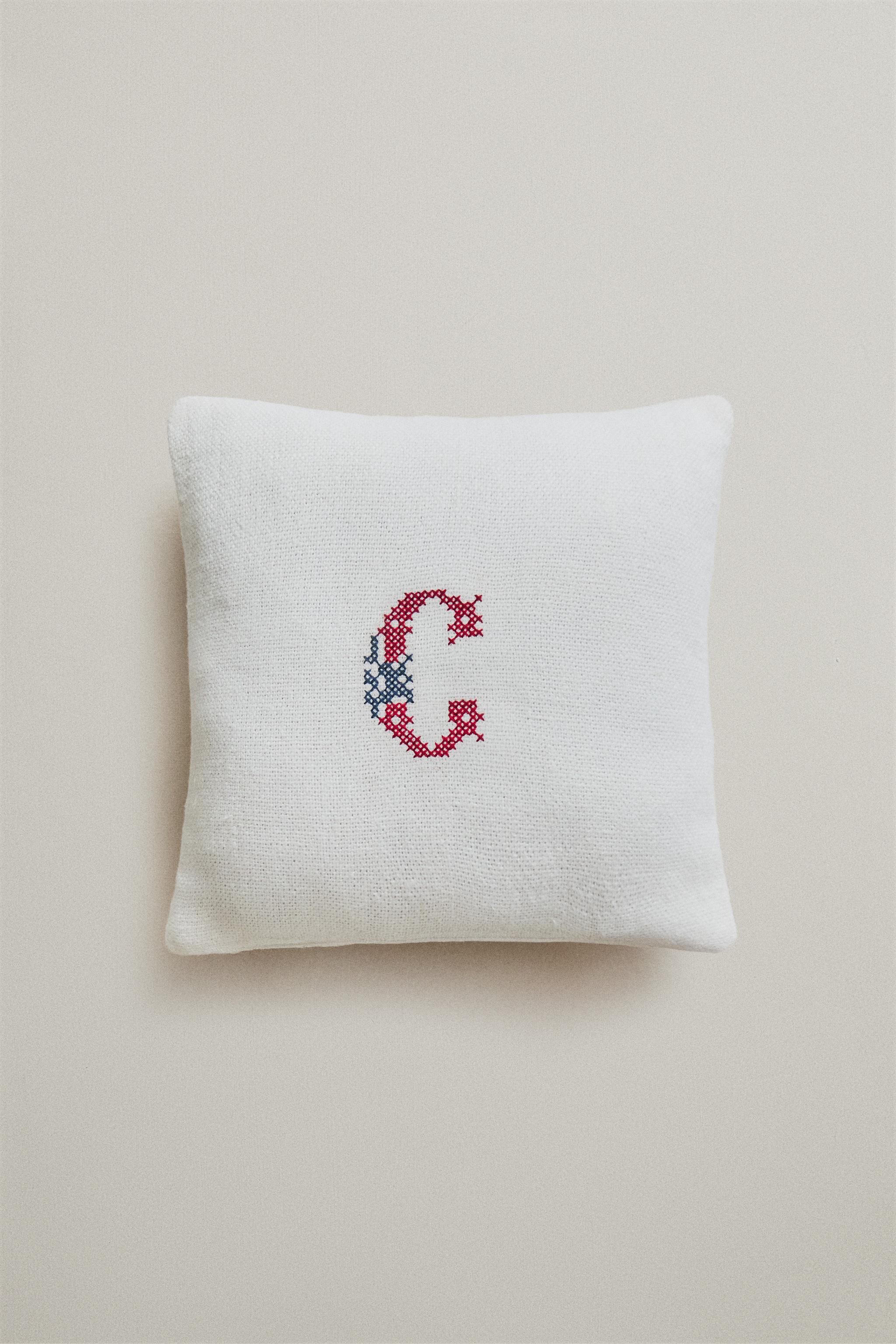 LETTER C EMBROIDERED LINEN CUSHION